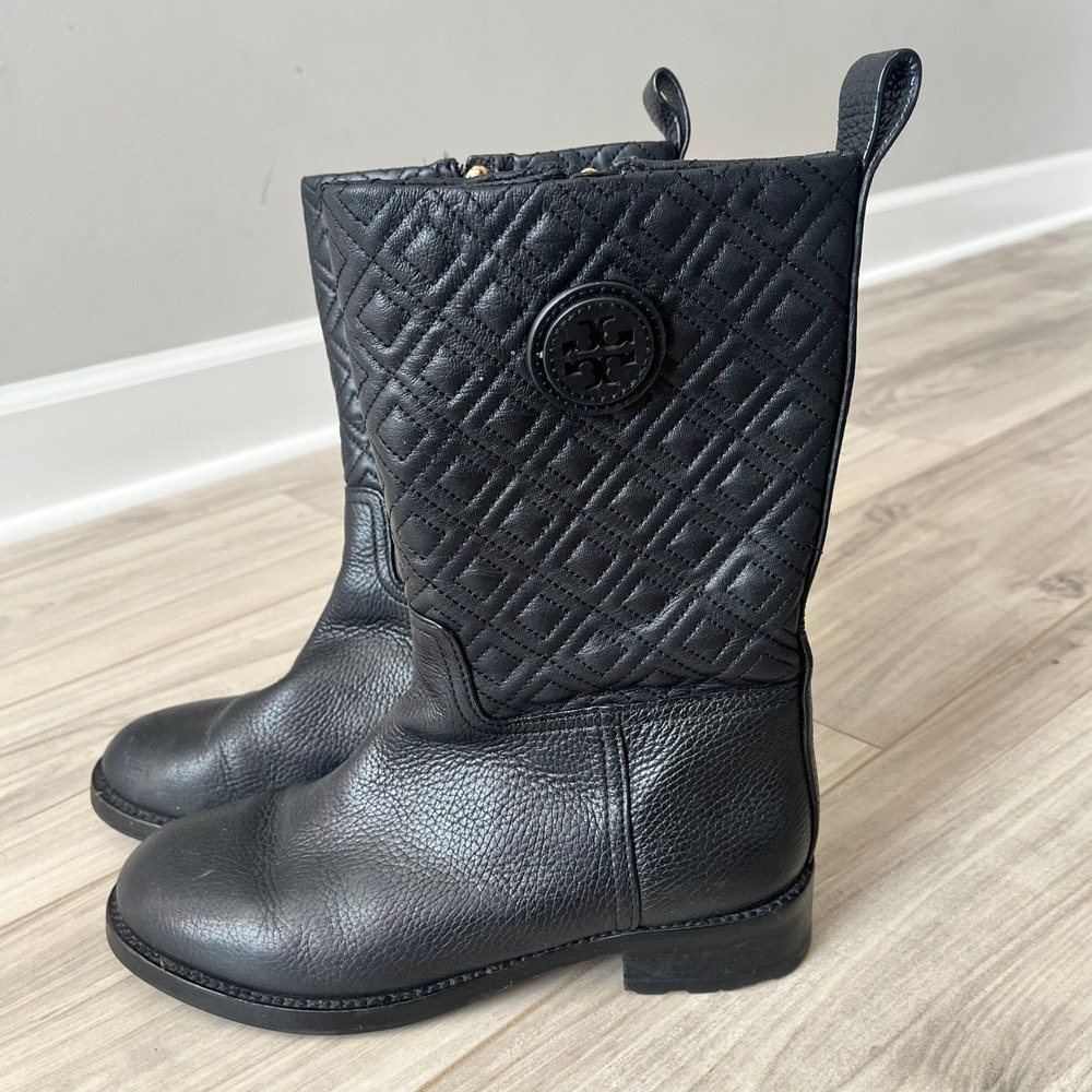 Tory Burch Marion Quilted Mid Calf Boots Black 8.5M Leather Lug Sole